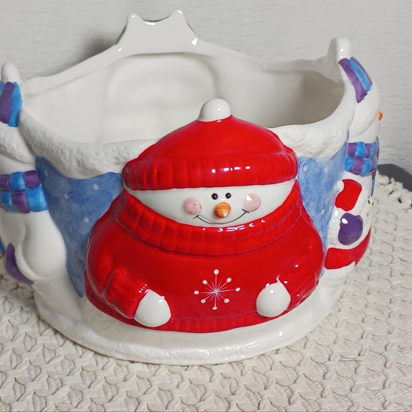 Houston Harvest Holiday Houston Harvest Ceramic Winter Snowmen Large Candle Holder Bowl Rare